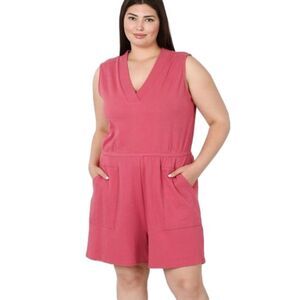 Zenana Romper Shorts Cotton Sleeveless V Neck with Front Pockets Size 3X